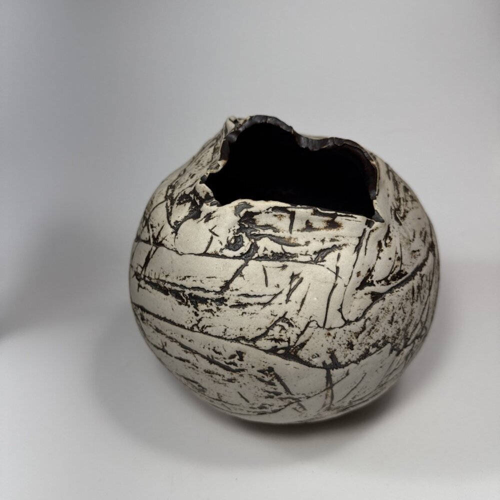 Vtg 1988 Brutalist Raku Pottery Signed JD Sphere Bandages Torn Opening 8” Round